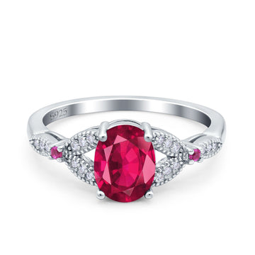 Oval Art Deco Wedding Ring Accent Vintage Simulated Ruby CZ 925 Sterling Silver